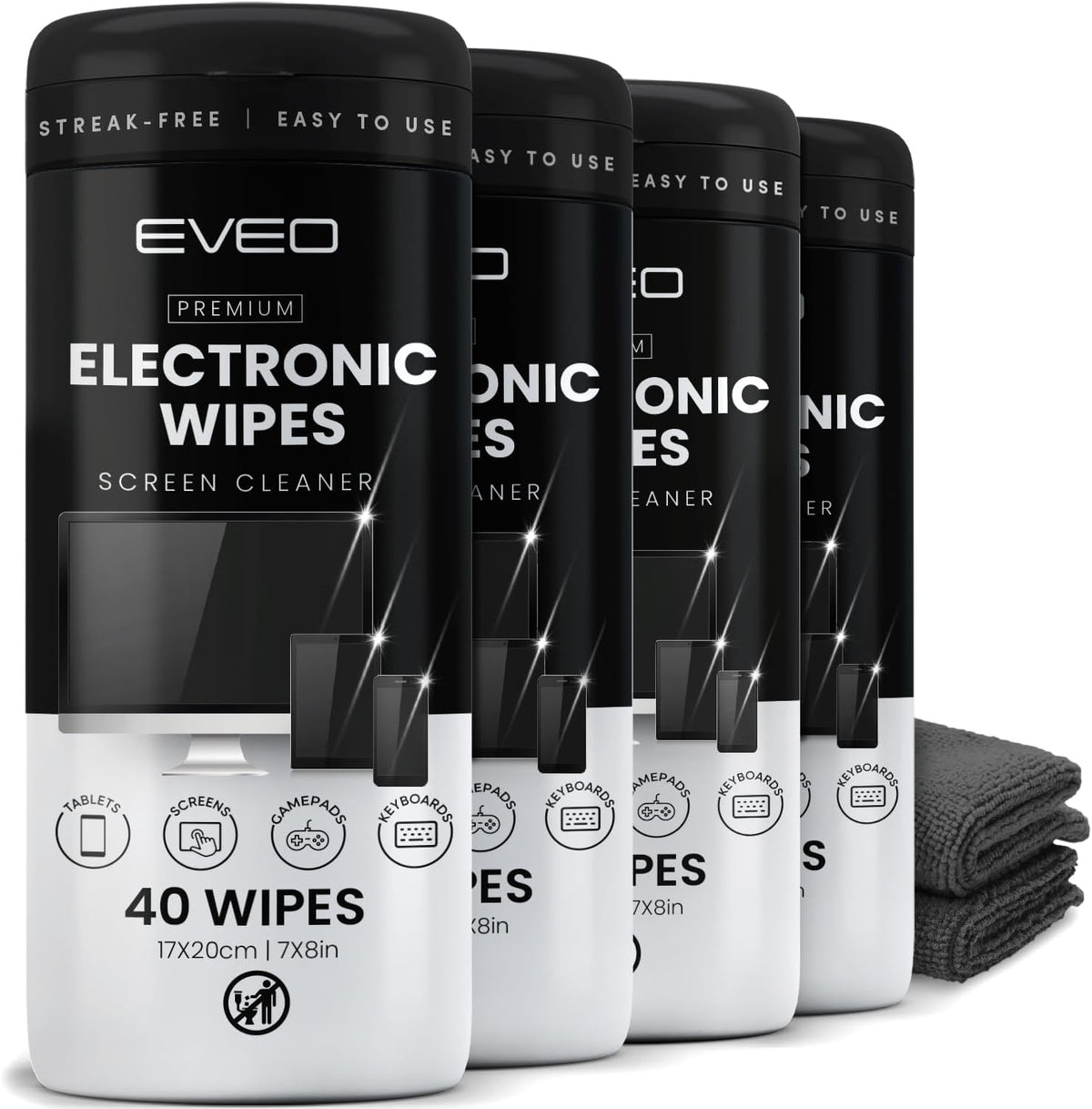 Electronic Wipes Streak-Free for Screen Cleaner & Smart Watch [4 Pack x 40] TV Screen, Smart TV, Computer Screen, Laptop, Phone, Tablet, and Electronics devices - Microfiber Cloth Included [160 Wipes]