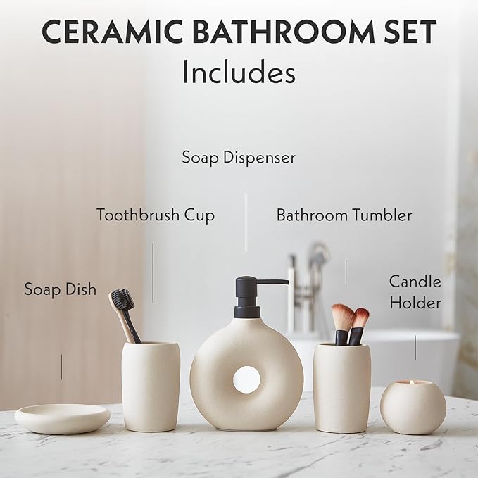 Ceramic Bathroom Accessory Set, 5 Pcs - Soap Dispenser 16 Oz, Toothbrush Cup, Toothbrush Holder, Soap Dish, Candle Holder - Beige, Boho Bathroom Sink Decor, Modern Countertop Accessories