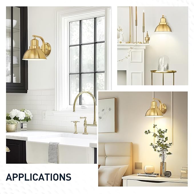 zeyu Vintage Metal Wall Light, Indoor Wall Sconce Lighting for Bedroom Kitchen, Metal Dome Shade in Brushed Gold Finish, ZY24-1W-2PK BG