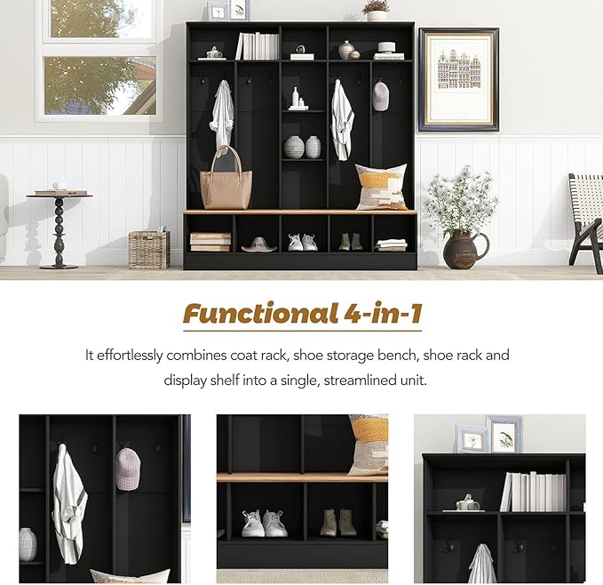 4 in 1 Hall Tree with Shoe Bench, Wood Entryway Storage Bench with Cube Storage & Shelves Multifunctional Coat Rack with 8 Hooks for Home Office Bedroom Mudroom Living Room, Black