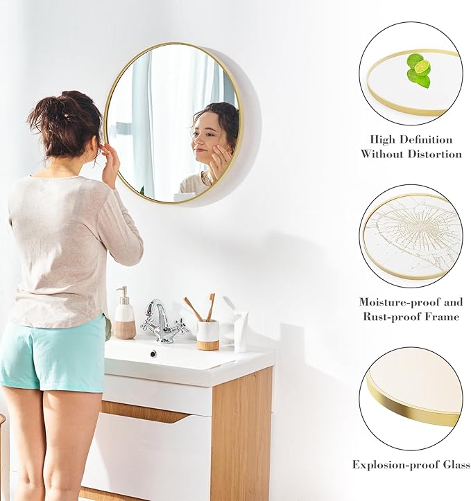 DUMOS Gold Circle Mirror for Wall 24.02 inch, Bathroom Round Mirror for Over Sink, Bathroom, Entryway, Bedroom, Vanity