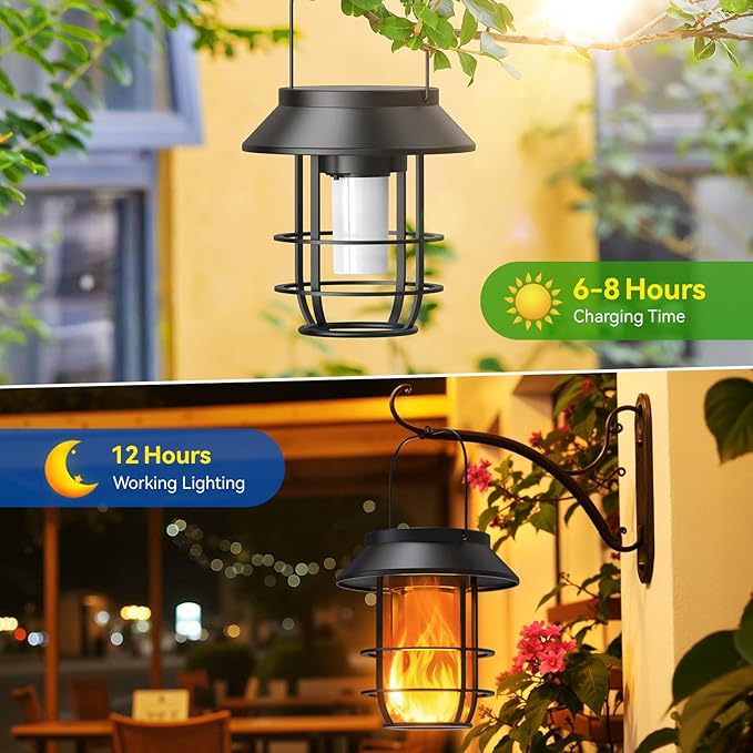 Solar Lanterns Outdoor Waterproof, Upgraded Flickering Flames Hanging Solar Lights for Outside with Wall Hooks, Halloween Decor Retro Metal Outdoor Lanterns Auto On/Off for Patio, Yard Decor