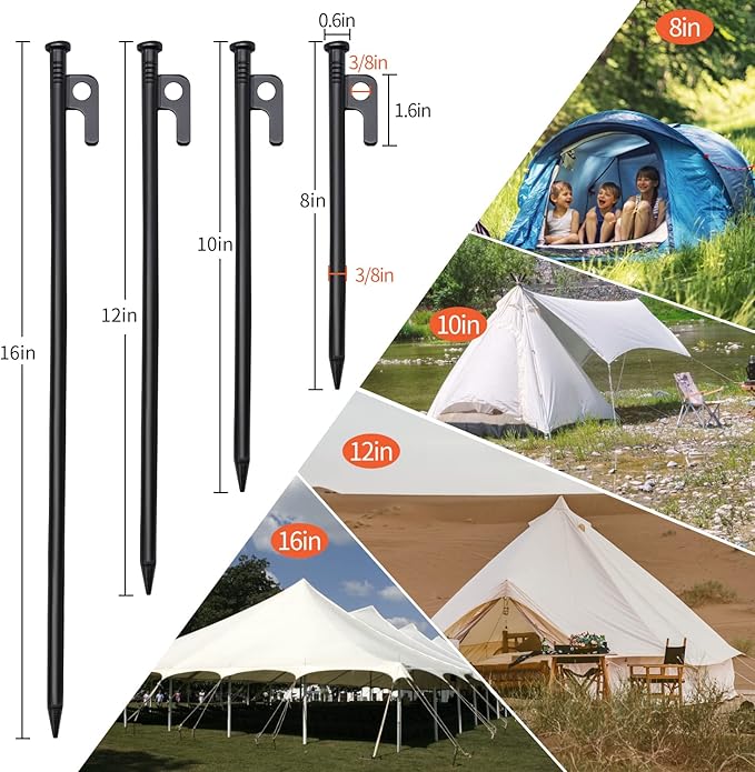 16pcs Tent Stakes and Hammer Set, 16in Heavy Duty Forged Steel Tent Stakes + Camping Hammer + Storage Pouch, Available in Rocky Place (16pcs 16in Stake+Hammer)