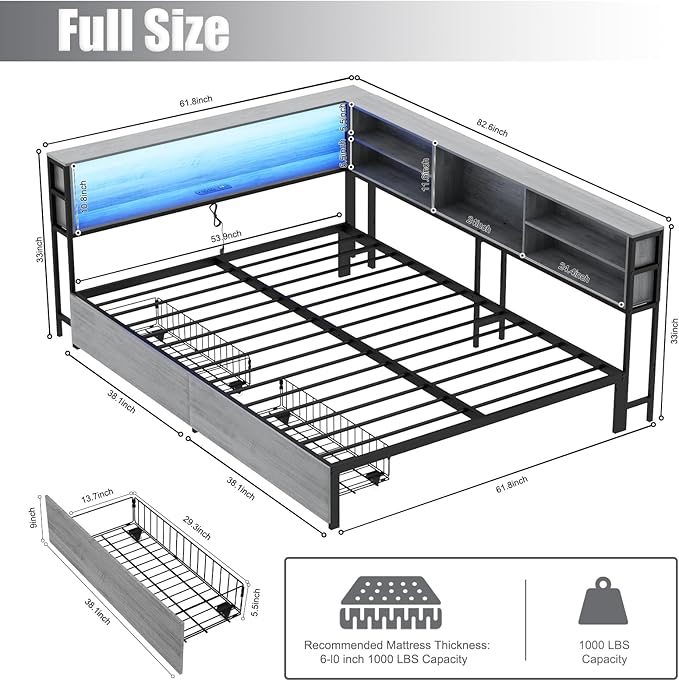 Corner Bed Frame Full with Storage, L Shaped Daybed for Kids,Full Corner Bed with Drawers, Shelves, RGB LED Lights & Charging Station, Sturdy Metal Kids Full Bed for Girls Boys,Gray