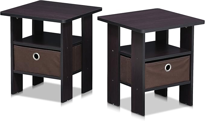 Furinno Andrey Set of 2 End Table / Side Table / Night Stand / Bedside Table with Bin Drawer, Dark Walnut