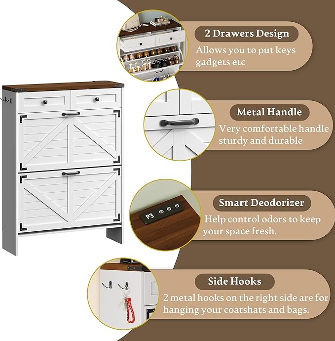 Shoe Cabinet with Odor Control Deodorizer and Back Panel, Farmhouse Narrow Shoe Storage Cabinet Rack for Entryway with 2 Flip Drawers and 2 Top Drawers, Adjustable Shelves, Side Hooks