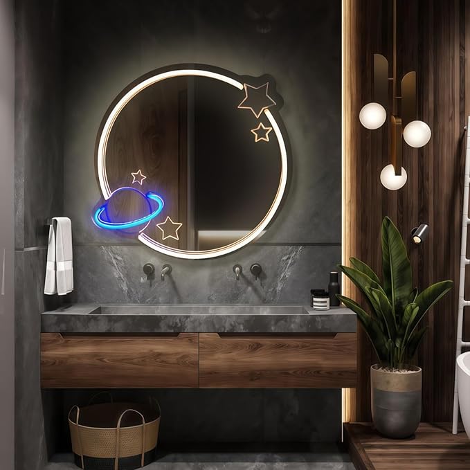 LED Mirror Neon Lights Light Up Dressing Mirror Cat/Shine Heart/Bat/Butterfly Shape Neon Mirror Sign for Modern Home Girl Room Bathroom Salon Wall Art Decor Gift For Girlfriend USB Powered