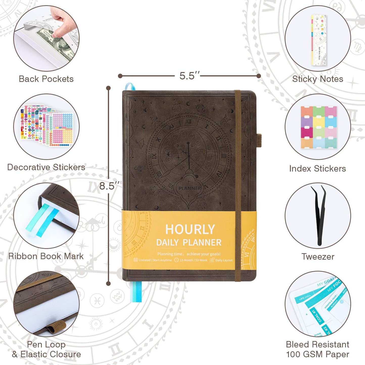 Undated 12 Month Planner Hardcover (5.5x8.5") - Weekly & Monthly Academic Life Organizer, Productivity Journal, Thick Paper, Sticker, Bookmark, Pen Loop(Brown)