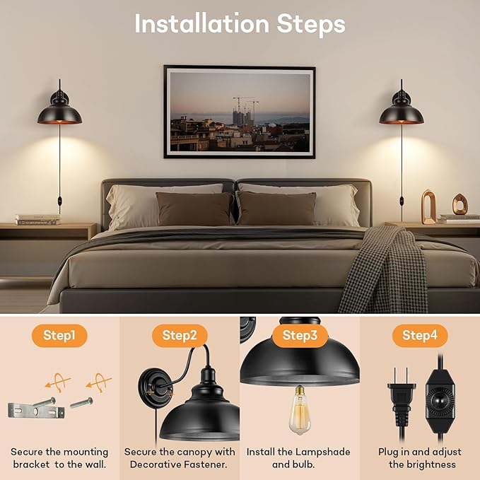 Lightess Dimmable Wall Sconce Plug in, Industrial Farmhouse Sconce with Dimmer On Off Switch, Black Barn Light Gooseneck Light Fixture, OLB11