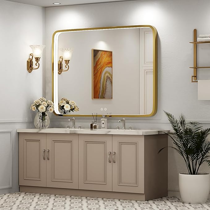 40x30 Inch LED Bathroom Mirror with Lights,Gold Metal Frame Lighted Vanity Mirror, Anti Fog Design&Dimmable&Touch Switch, Wall Mounted Rectangle Mirror (Horizontal&Vertical)