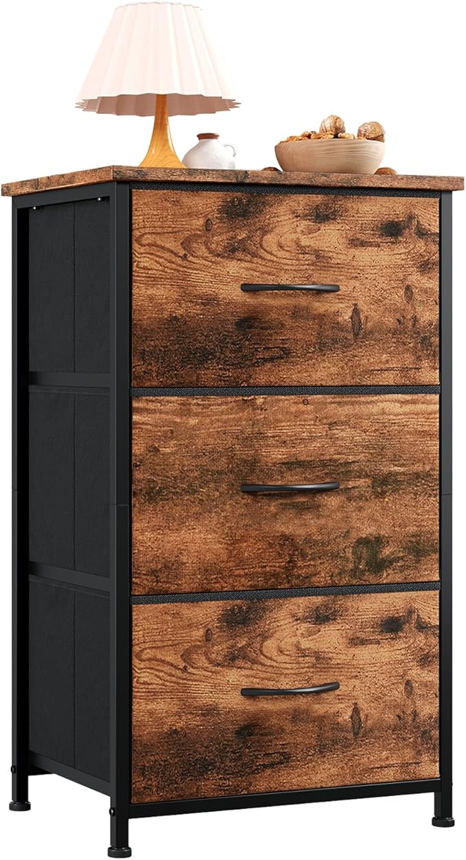 Somdot Dresser for Bedroom with 3 Drawers, Storage Organizer Chest of Drawers with Removable Fabric Bins for Closet Bedside Living Room Laundry Entryway Hallway, Wood Grain Print