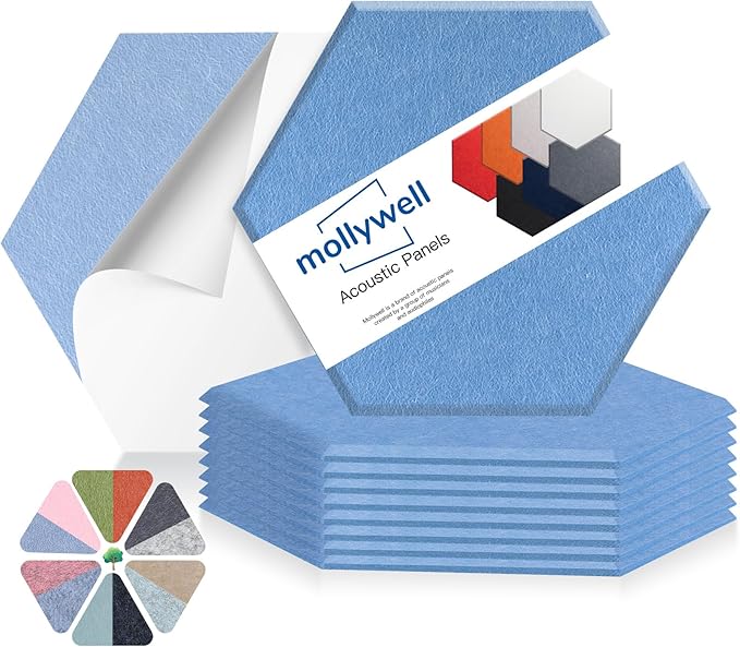 Mollywell Hexagon Acoustic Panels 14x12 - Reduce Echo & Reverb, Noise Blocking Wall Tiles for Bedroom & Nursery, Sky Blue Sound Absorbing Panels