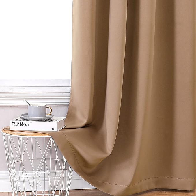 ChrisDowa 100% Blackout Curtains for Bedroom with Black Liner, 2 Thick Layers Total Blackout Thermal Insulated Grommet Window Curtains 2 Panels Set (Cappuccino, 52 x 72 Inch)