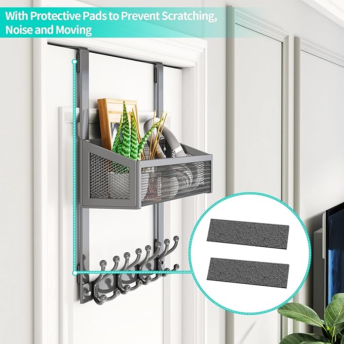 HapiRm Over The Door Hooks - Easy Installation Door Hanger with Basket and 16 Hooks, 304 Stainless Steel Storage Organizer for Towels, Coats, Bathroom, Kitchen, Dorm-Grey
