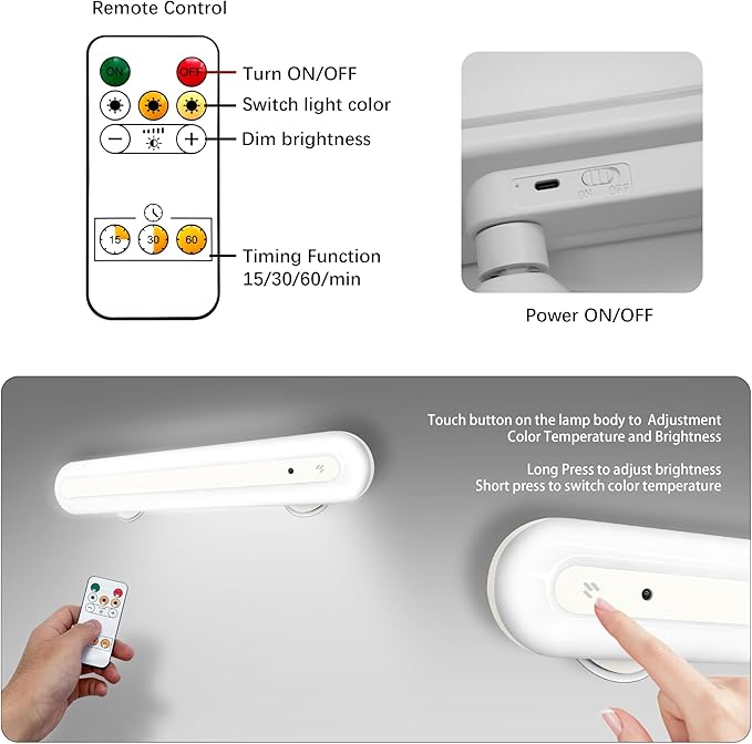 15" Vanity Lights for Mirror, Rechargeable Battery Operated Mirror Lights with Remote Control, 3 Temp&Adjustable Brightness Makeup Light, Cordless Lighting for Vanity Desk (White-1Pack)
