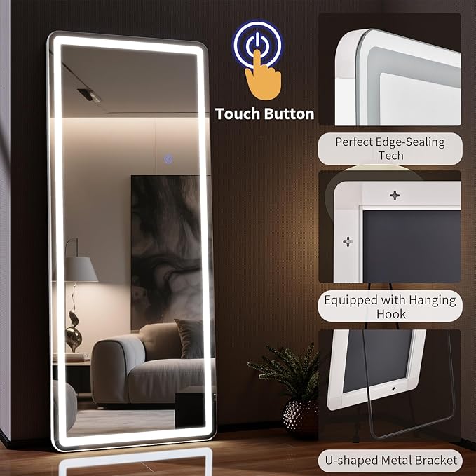 71"x32" LED Full Length Mirror – Standing Floor Body Mirror with Dimmable Lights 3 Color Modes – Adjustable Brightness, Wall-Mount or Leaning for Barber, Fitness Center, Dressing Room