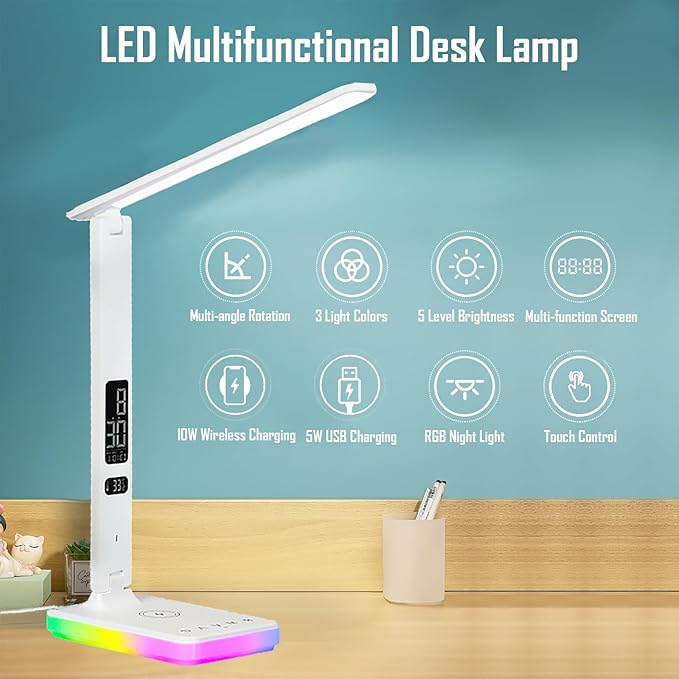 LED Desk Lamp with Wireless and Wired Charging, Foldable Table Light, 5 Brightness and 3 Lighting Modes, Time and Temperature Display, RGB Night Light, USB Powered (Single Head White)