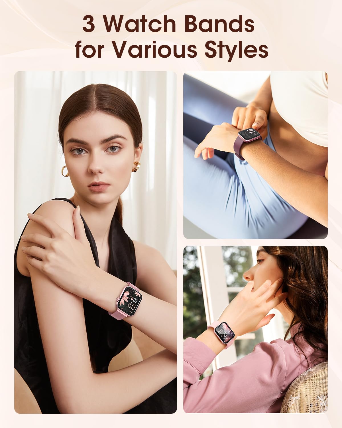 Smart Watches for Women, Fitness Tracker Watch for Sleep/Heart Rate/SpO2/Blood Pressure Monitor, 1.85'' Smartwatch for Android iPhone, Calls/SMS/Notifications, 100+ Sports Modes, 300+ Dials, 3 Bands