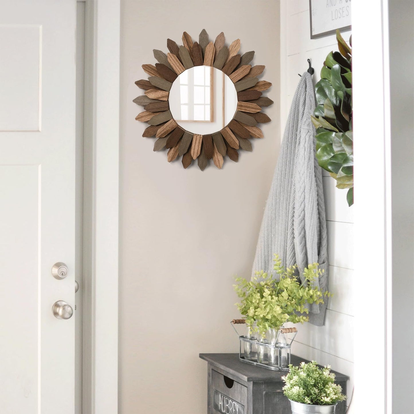 Honiway Boho Wall Decor 12 inch Decorative Mirror with Rustic Wood Sunburst Frame, Perfect for Bedroom, Living Room, Bathroom, Kitchen
