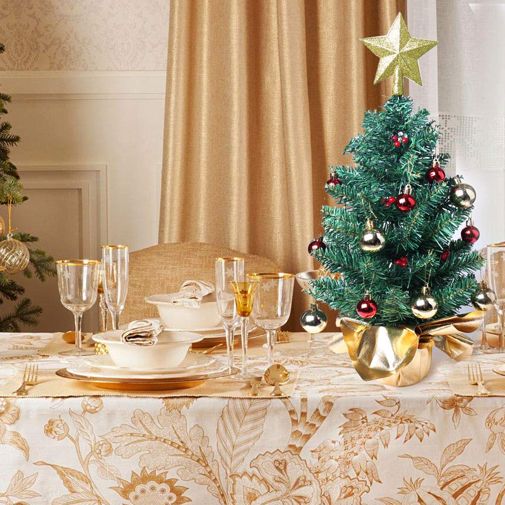 Liecho 24 Inch Tabletop Mini Christmas Tree, Miniature Pine Christmas Tree with Hanging Ornaments, Battery Operated Artificial Xmas Tree, Best DIY Christmas Decorations-Gold