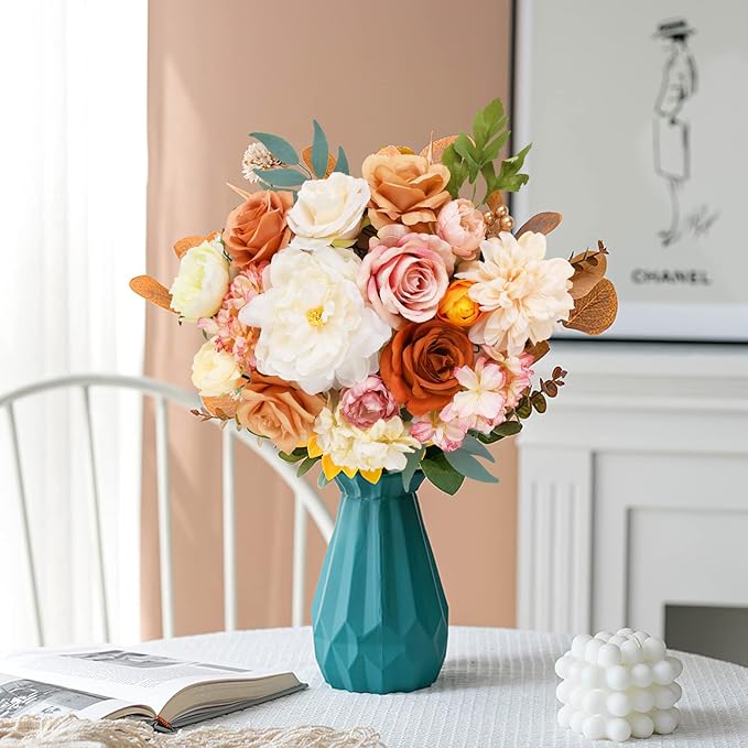 AmyHomie Champagne Artificial Flowers Combo Silk Mix Peony Rose Hydrangea Fake Flowers w/Stem for DIY Wedding Bouquets Centerpieces Arrangements Table Party Bridal Baby Shower Home Fall Decor