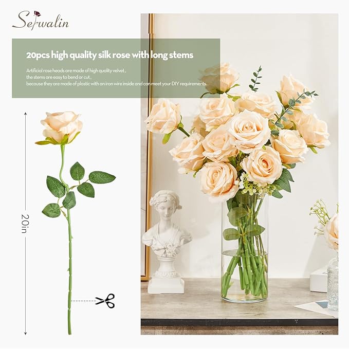 Serwalin 20pcs Artificial Roses, 4'' Big Flower Head, Champagne Velvet Silk Roses, Fake Roses Long Stem Realistic Bouquet for Wedding Table Centerpiece