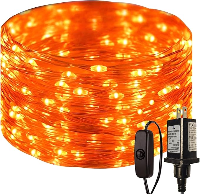 RUICHEN Plug in Fairy Lights with Switch, Waterproof 33 Ft 100 LED Silver Wire Starry String Firefly Lights for Christmas, Halloween, Thanksgiving, Parties, Ceiling, Vases, Craft, Orange
