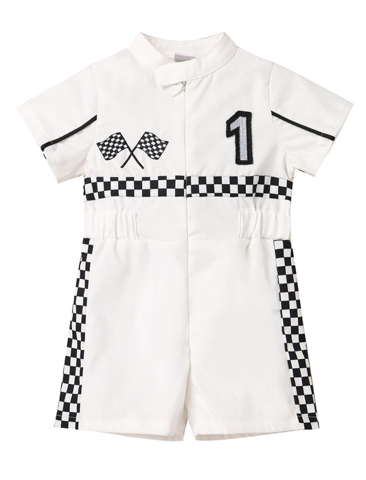 IBTOM CASTLE First Birthday Race Car Driver Outfit Boys Girls Fast One Birthday Cake Smash Photoshoot Clothes Short Sleeve Racer Romper One Year Old Birthday Party Decoration White-1 9-12 Months