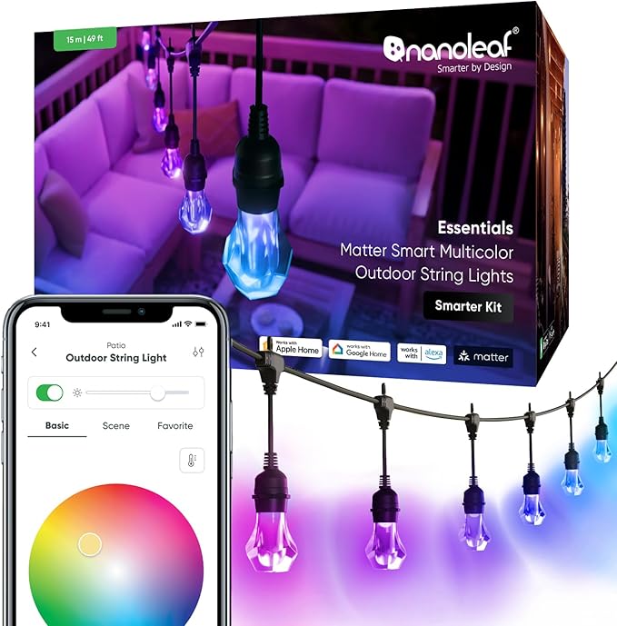 Nanoleaf Essentials Matter Smart Multicolor Outdoor String Lights Smarter Kit with Addressable RGBICW LED Bulbs, White and Color-Changing, Wi-Fi + Bluetooth, IP 65 Water Resistant (49ft, 20 Bulbs)