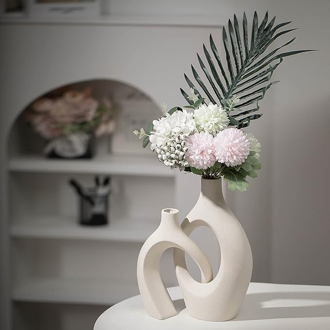 Extra Large Hollow Nordic Modern Ceramic Vases Set of 2, Milky White Aesthetic Round Donut Boho ins Style Flower Decorative Vase for Room Home Book Shelf Table Decor (Matte W 8" X H 11")