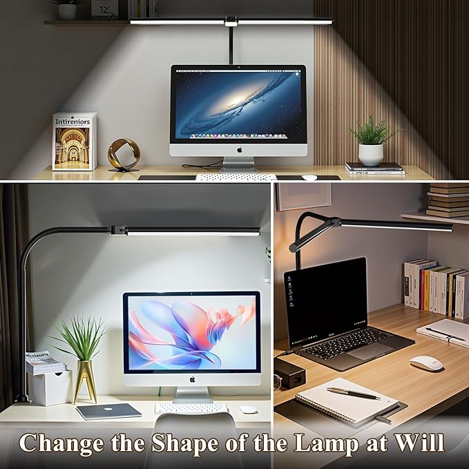 LED Desk Lamp for Home Office,Eye-Caring Desk Light with Reduced Blue Spectrum, Dual Screen Computer Monitor Table Light,30 Lighting Models,Adjustable Flexible Gooseneck Desk Lamp for Study