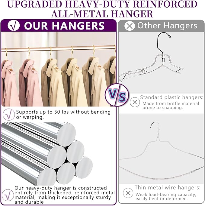 60Pack Gold Hangers + 10 Clothes Pins, Premium Glossy Gold Strong Metal Hangers, Upgraded Thickened Reinforced 50lbs Weight Capacity, Suitable for Heavy Coats, Jackets, Shirts, Dresses