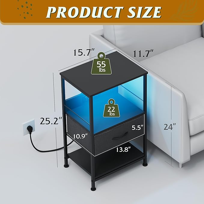 WLIVE Night Stand with Charging Station, LED Nightstand with Adjustable Fabric Drawer, 3-Tier Storage Bedside Table, Small End Side Tables for Bedroom, Black