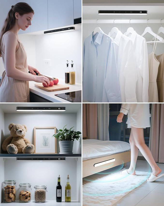 Ferswe Under Cabinet Lights Rechargeable, Battery Level Display, 60 LED Motion Sensor Cabinet Light, Dimmable Touch Control, Under Counter Lights for Kitchen, Closet, Cupboard(2 Pack)