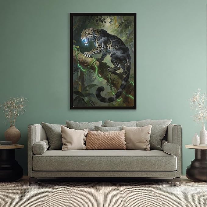 Framed Steampunk Mechanical Leopard Wall Art - Jungle Futuristic Beast Poster for Man Cave Living Room Decor 20x30in