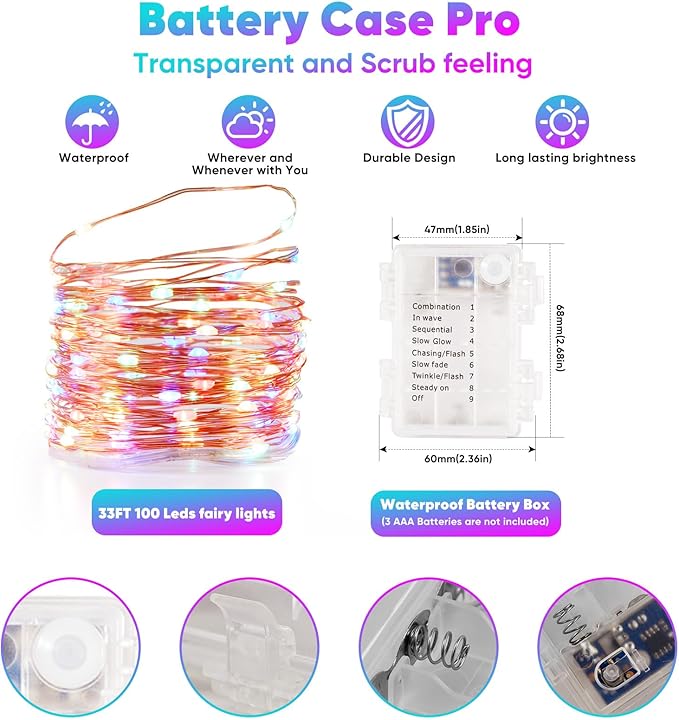 2 Pack 32.8 Ft. Battery Operated Outdoor String Lights with Remote & Timer, LED Multi Color Fairy Lights, Waterproof Twinkle Lights for Bedroom, Dorm, Mason Jar, Wedding, Party, Christmas