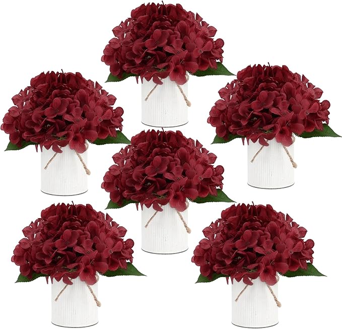 Flower Table Centerpieces - Set of 6 Floral Arrangement Artificial Wedding Hydrangeas Floral Arrangement with Rustic Metal Vase for Bridal Tea Party Event Decorations - Deep Red