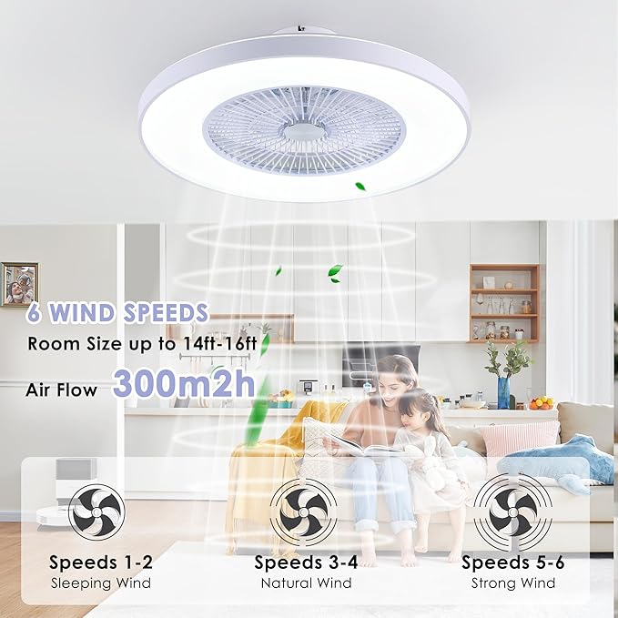 24" Bladeless Ceiling Fans with Lights and Remote/APP/Voice Control, Low Profile Ceiling Fan with RGB Lights, Enclosed Flush Mount Ceiling Fan for Kid's Bedroom/Living Room