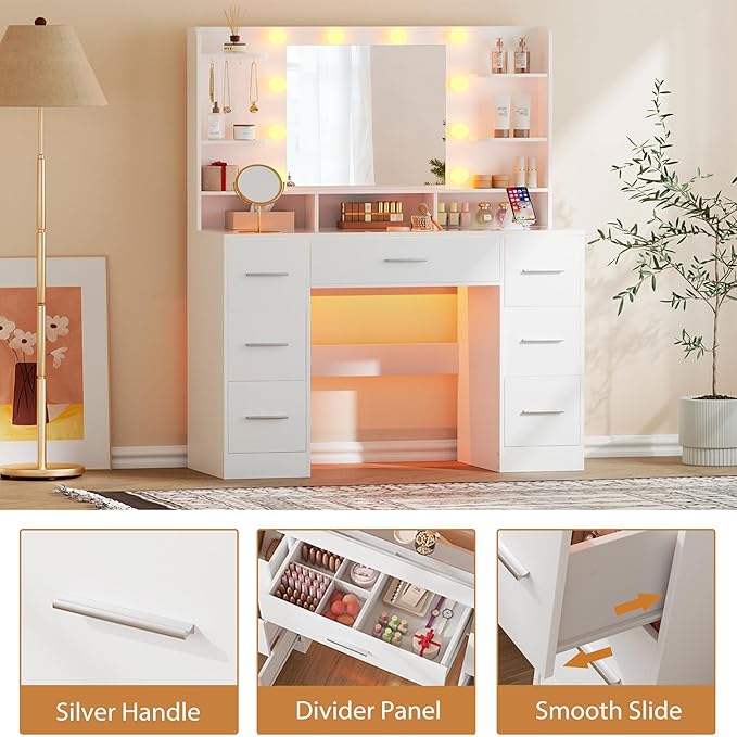 Vanity Desk with Mirror and Lights, Large Glasstop Makeup Vanity Desk with 7 Drawers and Power Outlet, 6 Open Shelves, White