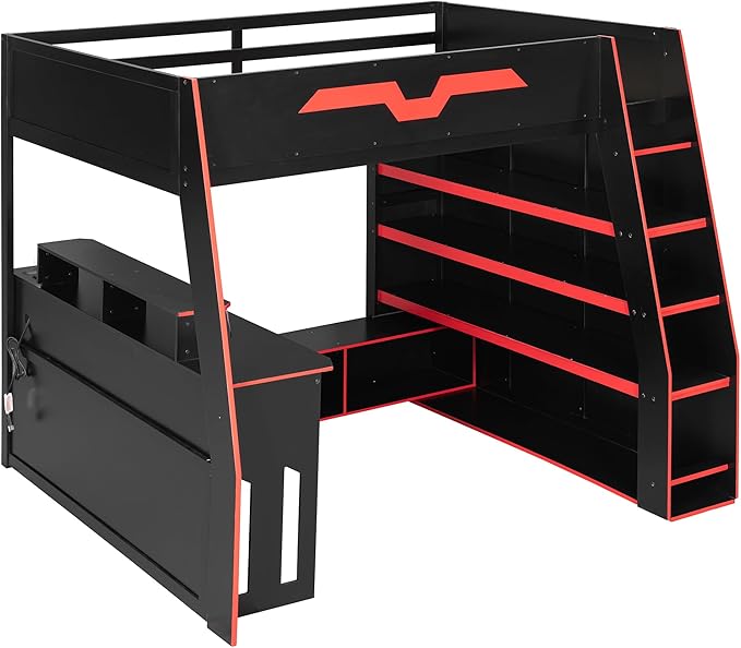 LUMISOL Full Size Wood Loft Bed with Desk and Multi-Storage Shelves, Gaming Loft Bed with RGB LED Lights and Adjustable Desk Placement, Space-Saving Game Bedframe with Under-Bed Storage, Red