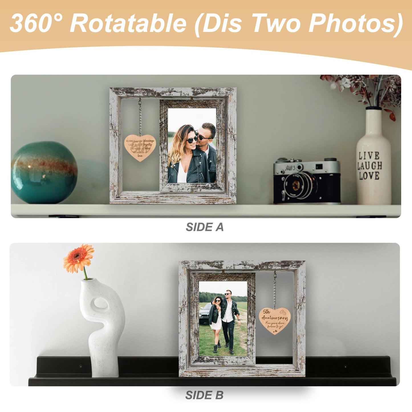 5 Year Anniversary Rotating Picture Frame for Her, Wood 5th Wedding Anniversary Photo Frame gifts for Wife Husband Him Couple, Display 2 6x4