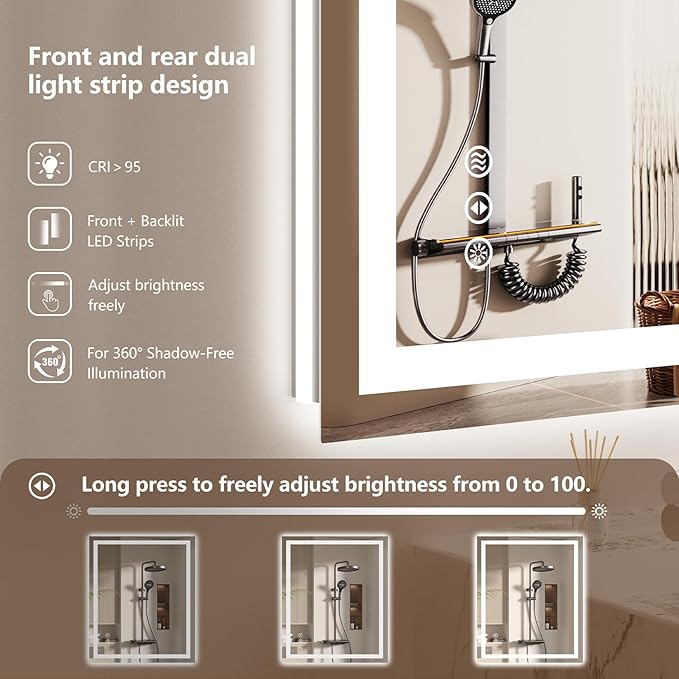 48x36 LED Bathroom Mirror with Lights - Dimmable, Anti-Fog, 3 Color Backlit & Front Lit Mirror for Bathroom, Shatter-Proof Tempered Glass, Easy Installation