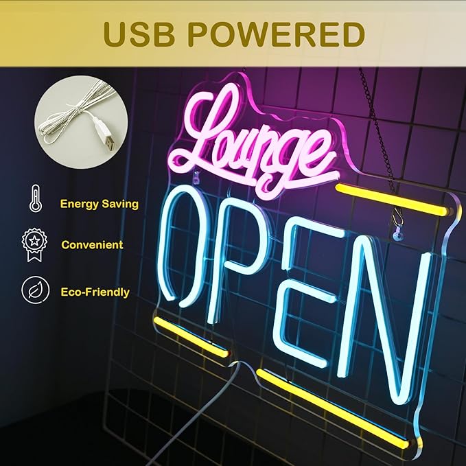 Lounge Open Neon Signs,Bright Led Light, Dimmable, for Business Walls, Shop Coffee, Salon Hotel Store 16.5'' * 12.2'' (USB Powered)