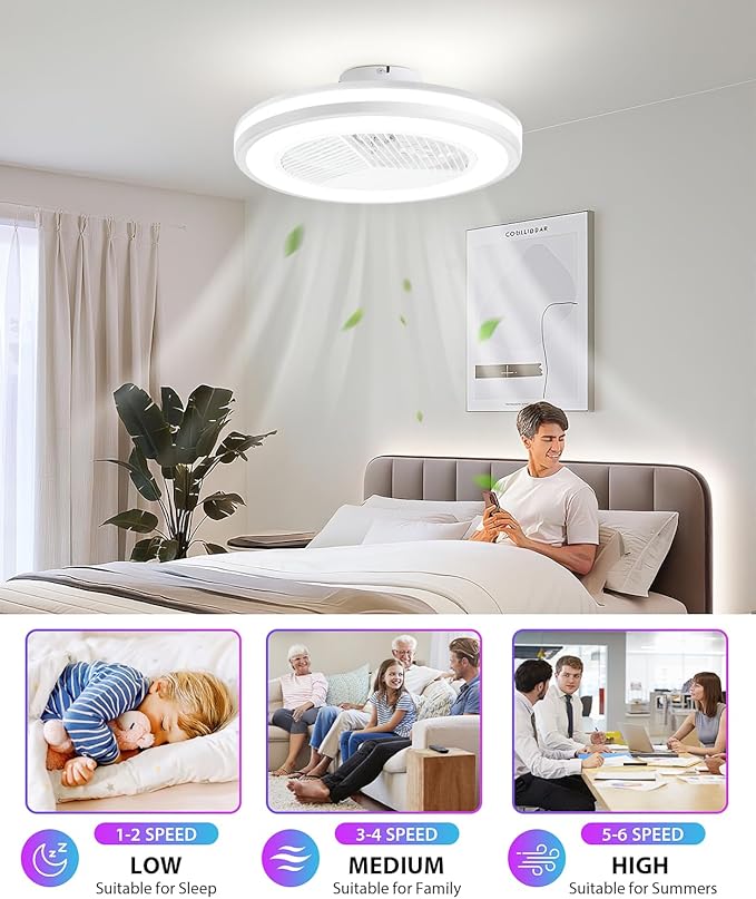 2-in-1 Low Profile Ceiling Fan with Light, 20” Caged Safety Design for Kids - RGB Color, Smart APP/Remote Control, Quiet Flush Mount DC Motor, Triangle, Ideal for Bedroom/Living Room/Kitchen, White