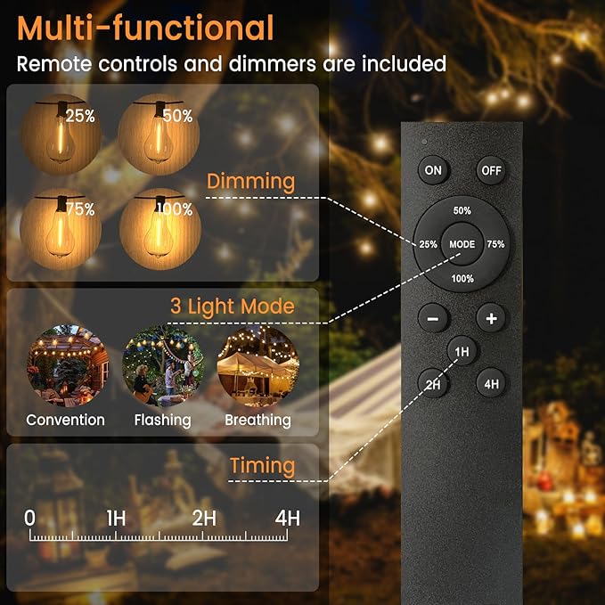 Patio Lights, 100FT Patio Lights with 64+5 Bulbs(1.5FT Bulbs Spacing), Outdoor String Lights, Remote & Dimmer, 3 Mode Light & Timing, 65PC Mounting Ties for Outside, 2200K (Black)