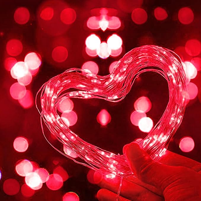 LAMPHOME 100 LED 33FT Red Valentine Lights, Valentine's Day Fairy Lights Battery Operated, Twinkle String Light Multi Functions & Timer with Remote for Christmas Bedroom Wedding DIY Centerpiece Decor