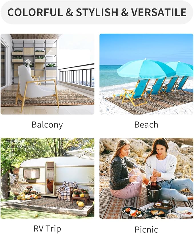 MontVoo Outdoor Rug Carpet Waterproof-Patio Rug Mat 5x8 Reversible RV Camping Rug Picnic Mat Plastic Straw Outside Rug for Balcony Porch Deck Beach-Boho Outdoor Area Rug for Patio Decor Colorful
