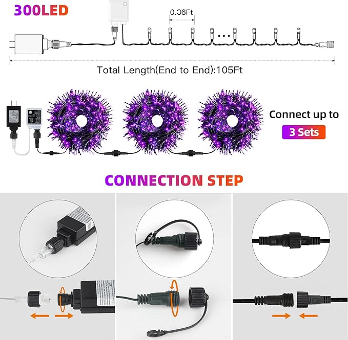 Halloween String Lights End-to-End Plug 8 Modes Timer Remote 108FT 300 LED IP65 Outdoor Waterproof UL Certificated Indoor Fairy Lights Garden Christma Trees Parties Decoration Purple- Orange