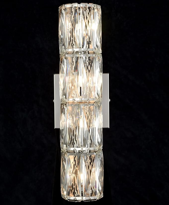 SAMTEEN Chrome Crystal Wall Sconce Modern 4-Light Crystal Sconces Wall Lighting Tube Shape Glass Wall Light Fixture for Bedroom Living Room Hallway Kitchen Bathroom Vanity Light
