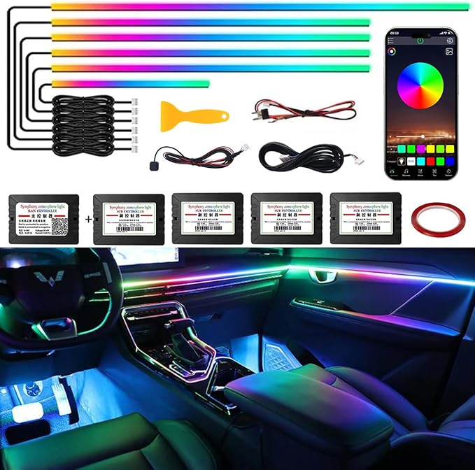 Dreamcolor Acrylic Interior Car LED Strip Light,RGB 6 in 1 Ambient Lighting Car with Wireless APP,175 Inches 600 LED Music Sync Led Lights Kits,16 Million Cars Interior Lights